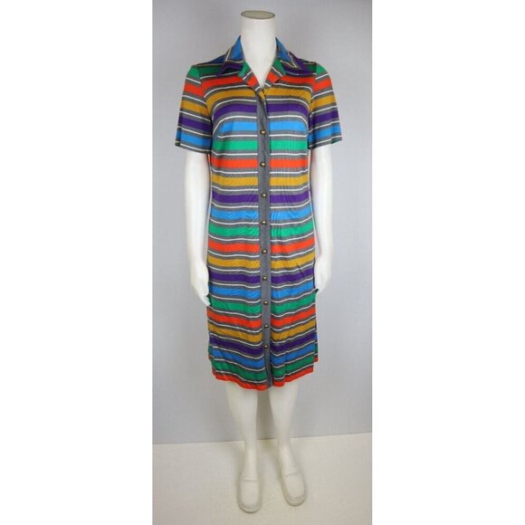 VINTAGE 1970s 70s WOMEN'S RAINBOW STRIPE SHIRT DRESS - SIZE M - Picture 1 of 7